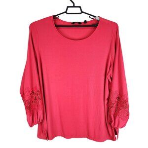 Womens Red Dennis Basso Top Blouse Polyester Long Lace Sleeve Round Neck 3X